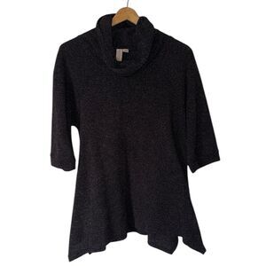 Misia Cowl Neck Sweater Top XL Gray Black Asymmetrical Hem Stretch Knit